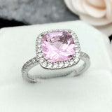 2.4ct Cushion Cut Pink Sapphire Round Diamond Halo Ring 14k White Gold Finish