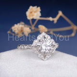 2.1ct Round Cut Moissanite Floral Milgrain Halo Women Ring 14k White Gold Plated