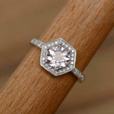 2ct Round Cut Morganite Hexagon Diamond Halo Engagement Ring 14k White Gold Over
