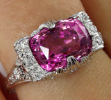 5Ct Cushion Pink Sapphire Antique Vintage Engagement Ring 14K White Gold Finish