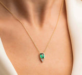 0.7ct Green Emerald Cut Pendant with Chain Diamond Petite 14k Yellow Gold Finish