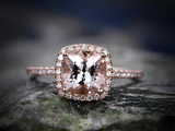 1.4ct Cushion Cut Morganite Engagement Ring Diamond Halo 14k Rose Gold Finish