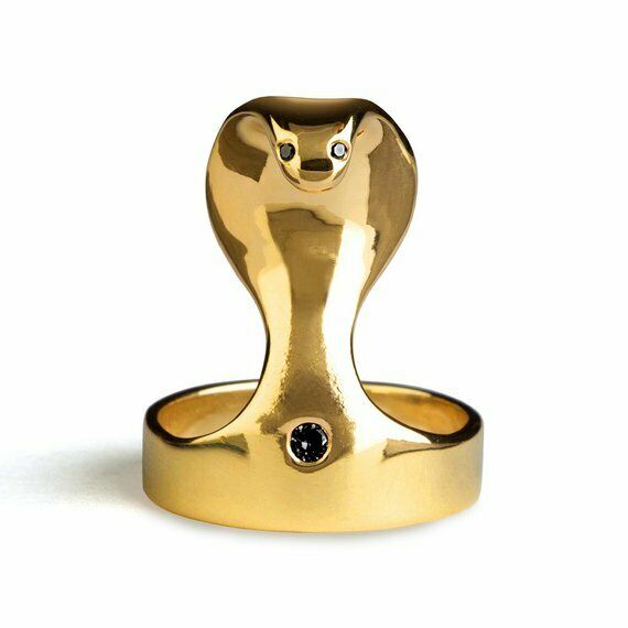 0.1ct Round Cut Black Diamond Fancy Snake Design Ring 14k Yellow Gold Finish