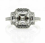 5.5ct Asscher Trilogy Halo Engagement Ring 14K White Gold Over Trapezoid Accents