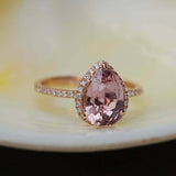 1.8ct Engagement Ring Pear Cut Peach Morganite Diamond Halo 14k Rose Gold Finish