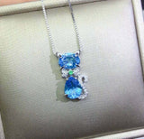 2ct Blue Topaz Pendant Oval Pear Cut Kitten 14k White Gold Finish NO CHAIN