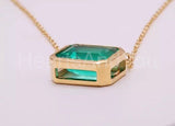1ct Green Emerald Cut Simulated Bezel Set Pendant Chain 14k Yellow Gold Plated