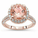 4.5ct Round Cut Peach Morganite Diamond Accents Halo Ring 14K Rose Gold Finish