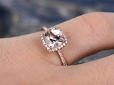 1.4ct Cushion Cut Morganite Engagement Ring Diamond Halo 14k Rose Gold Finish