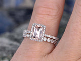3.5Ct Emerald Cut Peach Morganite Bridal Set Halo Ring Band 14K White Gold Over
