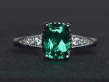 2.4ct Cushion Cut Emerald Milgrain Solitaire Accent Ring 14k White Gold Finish