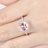2ct Cushion Morganite Engagement Ring Diamond Accents Halo 14k White Gold Finish