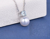 1ct Cushion Simulated Aquamarine Mother's Day Pearl Pendant 14k WhiteGold Plated