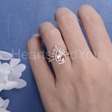 2.2ct Pear Cut Simulated Morganite Curved Halo Bridal Set 14k Rose Gold Plated