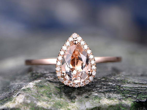 2ct Pear Cut Morganite Engagement Ring Diamond Halo Solitaire 14k Rose Gold Over