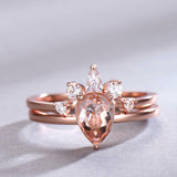 1.6ct Pear Cut Morganite Engagement Ring Crown Bridal Set 14k Rose Gold Finish