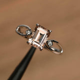 2ct Emerald Cut Peach Morganite Trilogy Split Shank Ring 14k White Gold Finish