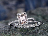 4ct Emerald Cut Peach Morganite Bridal Set Halo Ring Band 14K White Gold Over