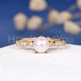 0.5ct Round Simulated Diamond Milgrain Pearl Engagement Ring 14k RoseGold Plated