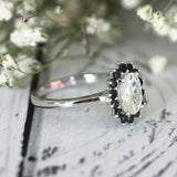 3Ct Oval Cut Diamond Black Halo Floral Engagement Ring 14K White Gold Finish