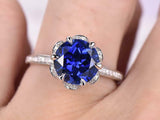 2ct Round Cut Blue Sapphire Engagement Ring Floral Design 14k White Gold Finish