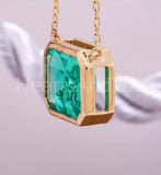 1ct Green Emerald Cut Simulated Bezel Set Pendant Chain 14k Yellow Gold Plated