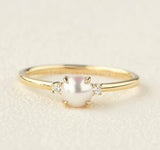 0.35ct Round Cut Simulated Diamond Three Stone Pearl Ring 14k Yellow Gold Plated