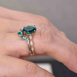 2.2ct Engagement Ring Oval Cut Green Emerald Crown Bridal Set 14k Dual Gold Over