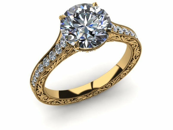 1.5ct Round Cut Diamond Vintage Solitaire Engagement Ring 14k Yellow Gold Finish