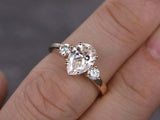 1.5ct Pear Cut Peach Morganite Engagement Ring Diamond Trilogy 14k RoseGold Over