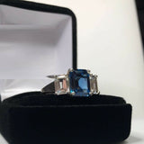 2.3ct Engagement Ring Emerald London Blue Topaz Three Stone 14k White Gold Over