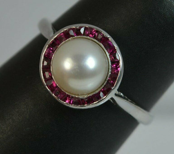 1ct Ruby Pearl Art Deco Solitaire Ring 14k White Gold Finish