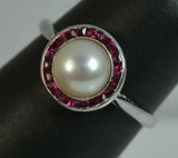 1ct Ruby Pearl Art Deco Solitaire Ring 14k White Gold Finish