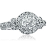 1.58ct Round Diamond Engagement Ring Halo Milgrain Vintage 14k White Gold Finish