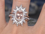 2Ct Oval Cut Peach Morganite Halo Solitaire Ring and Guard 14K White Gold Finish