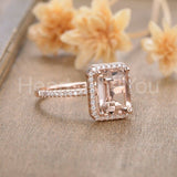 1.5ct Emerald Cut Simulated Morganite Halo Engagement Ring 14k Rose Gold Plated