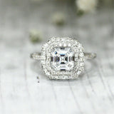 3Ct Asscher Cut DVVS1 Diamond Double Halo Engagement Ring 14K White Gold Finish