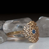 0.2ct Round Cut Blue Sapphire Filigree Vintage Inspired Ring 14k YellowGold Over
