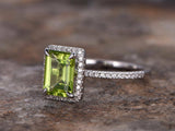 2.3ct Engagement Ring Emerald Cut Green Peridot Diamond Halo 14k White Gold Over