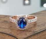 2.25ct Engagement Ring Oval Cut Blue Sapphire Diamond Halo 14k Rose Gold Finish
