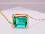 1ct Green Emerald Cut Simulated Bezel Set Pendant Chain 14k Yellow Gold Plated