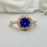 2.2ct Engagement Ring Round Cut Blue Sapphire Milgrain Halo 14k Rose Gold Finish
