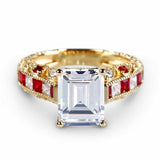 3Ct Emerald Cut Diamond Ruby Accent Vintage Engagement Ring 14K Yellow Gold Over