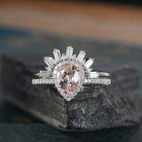 2.5ct Pear Peach Morganite Engagement Ring 14k White Gold Over Halo Bridal Set