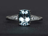 2.4ct Cushion Cut Aquamarine Milgrain Solitaire Accent Ring 14k WhiteGold Finish