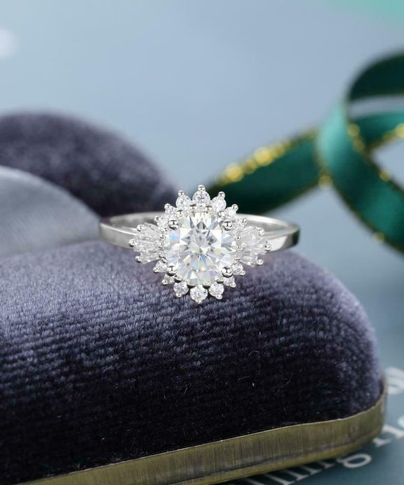 Halo Flower Engagement Ring 2.3ct Round Cut VVS1D Diamond 14k White Gold Finish