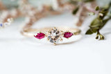 Ruby Accent Trilogy Engagement Ring 1.5ct Round Cut Diamond 14k Yellow Gold Over