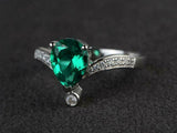 2.1ct Pear Cut Green Emerald Curved Stackable Design Ring 14k White Gold Finish