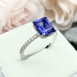 2.2ct Engagement Ring Emerald Cut Blue Sapphire Hidden Halo 14k WhiteGold Finish