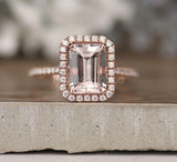 2ct Emerald Cut Simulated Morganite Halo Engagement Ring 14k Rose Gold Plated